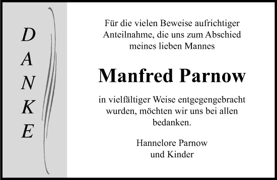 Traueranzeige von Manfred Parnow von Ostsee-Zeitung GmbH