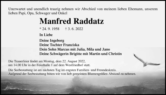 Traueranzeige von Manfred Raddatz von Ostsee-Zeitung GmbH