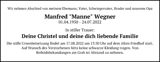 Traueranzeige von Manfred  Wegner von Märkischen Allgemeine Zeitung
