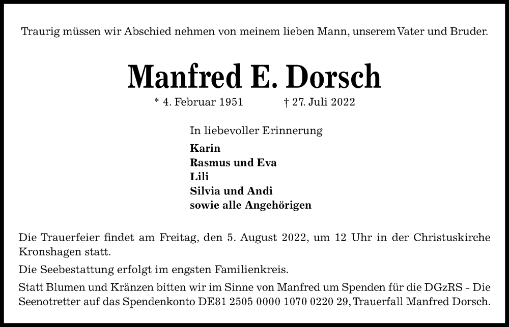  Traueranzeige für Manfred E. Dorsch vom 30.07.2022 aus Kieler Nachrichten