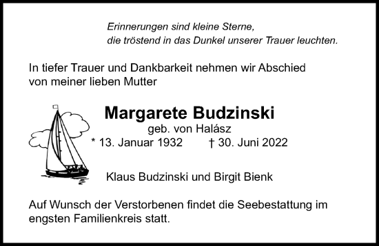 Traueranzeige von Margarete Budzinski von Lübecker Nachrichten
