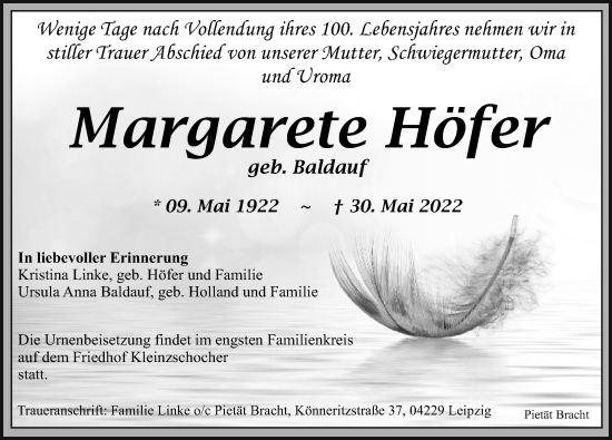 Traueranzeige von Margarete Höfer von Leipziger Volkszeitung