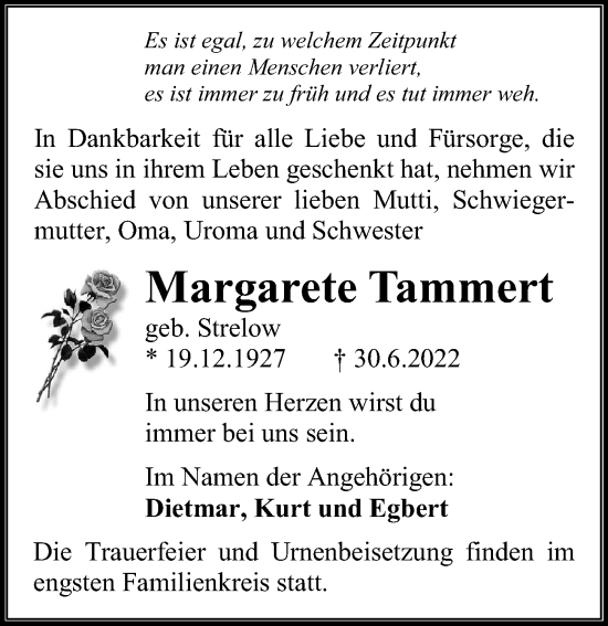 Traueranzeige von Margarete Tammert von Ostsee-Zeitung GmbH
