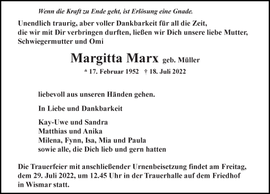 Traueranzeige von Margitta Marx von Ostsee-Zeitung GmbH
