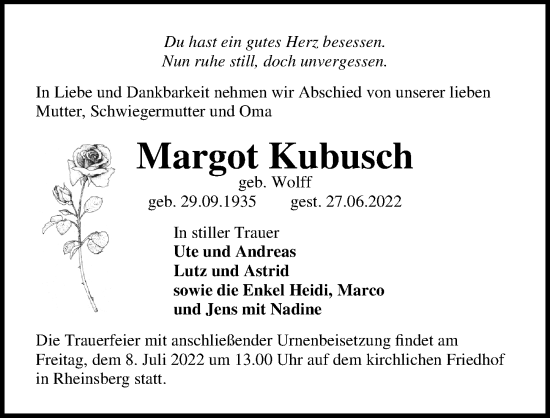 Traueranzeige von Margot Kubusch von Märkischen Allgemeine Zeitung