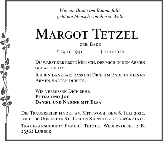 Traueranzeige von Margot Tetzel von Lübecker Nachrichten