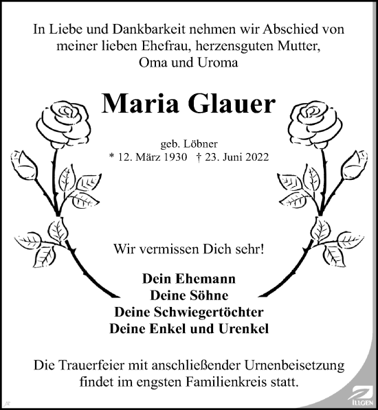 Traueranzeige von Maria Glauer von Leipziger Volkszeitung