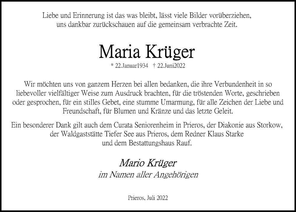  Traueranzeige für Maria Krüger vom 16.07.2022 aus Märkischen Allgemeine Zeitung