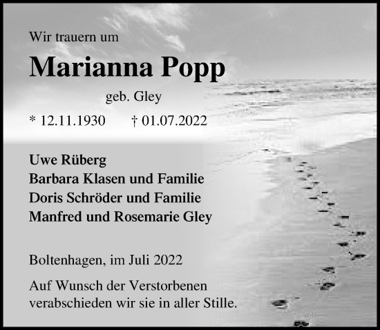 Traueranzeige von Marianna Popp von Ostsee-Zeitung GmbH