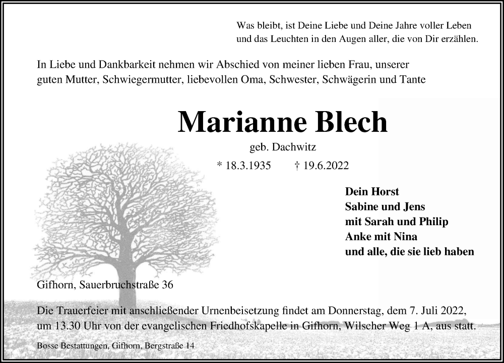  Traueranzeige für Marianne Blech vom 02.07.2022 aus Aller Zeitung