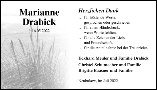 Traueranzeige von Marianne Drabick von Ostsee-Zeitung GmbH