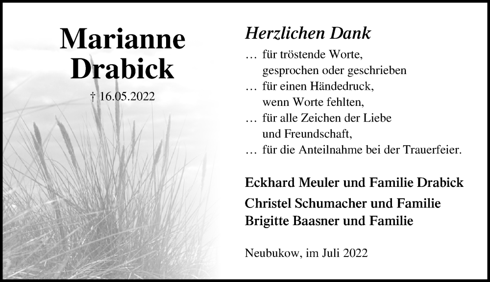 Traueranzeige für Marianne Drabick vom 09.07.2022 aus Ostsee-Zeitung GmbH