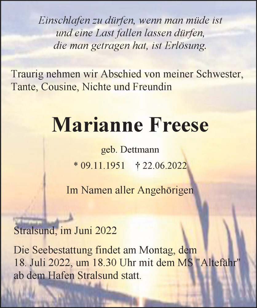  Traueranzeige für Marianne Freese vom 02.07.2022 aus Ostsee-Zeitung GmbH