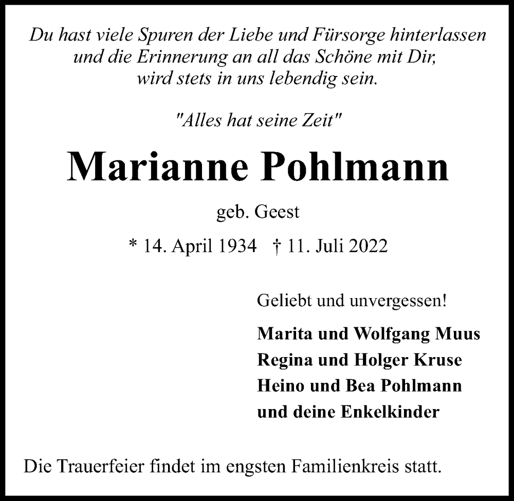 Traueranzeige für Marianne Pohlmann vom 16.07.2022 aus Kieler Nachrichten