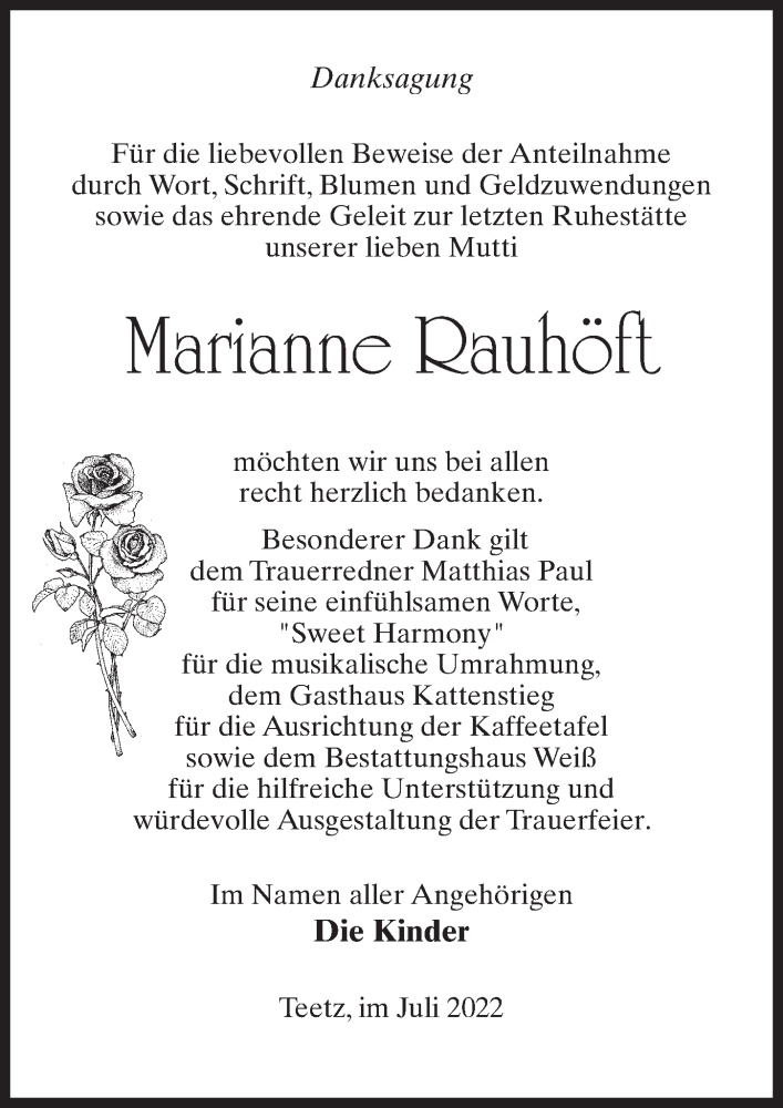  Traueranzeige für Marianne Rauhöft vom 02.07.2022 aus Märkischen Allgemeine Zeitung