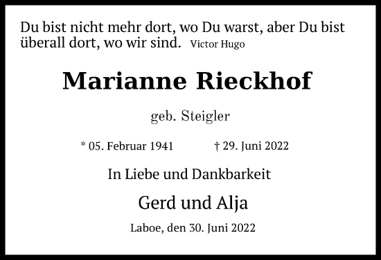 Traueranzeige von Marianne Rieckhof von Kieler Nachrichten