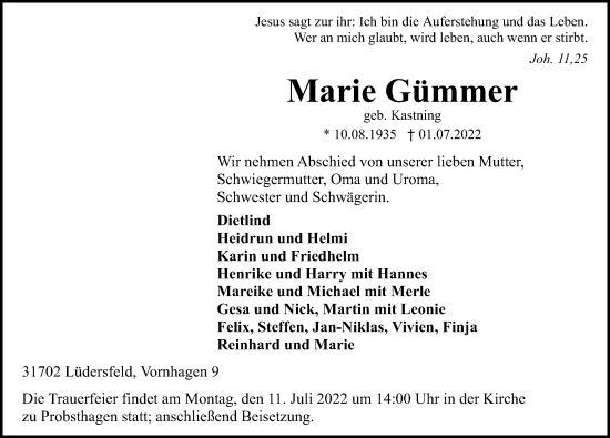 Traueranzeige von Marie Glimmer von Schaumburger Nachrichten