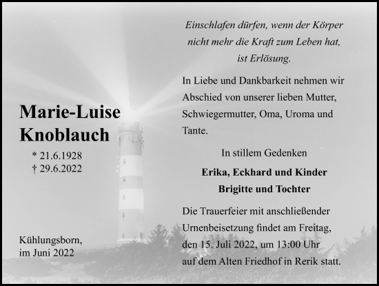 Traueranzeige von Marie-Luise Knoblauch von Ostsee-Zeitung GmbH