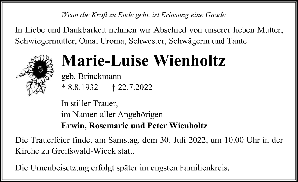 Traueranzeige für Marie-Luise Wienholtz vom 26.07.2022 aus Ostsee-Zeitung GmbH