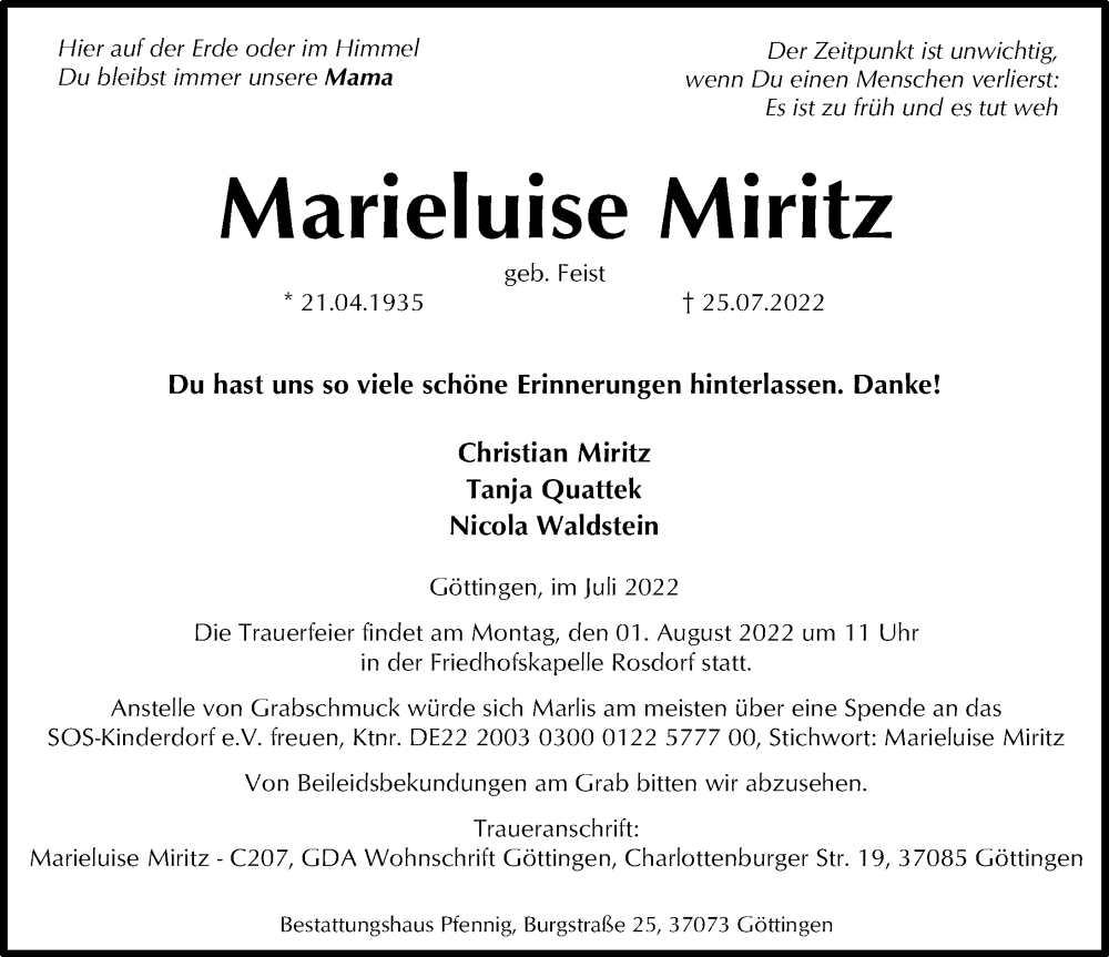  Traueranzeige für Marieluise Miritz vom 30.07.2022 aus Göttinger Tageblatt
