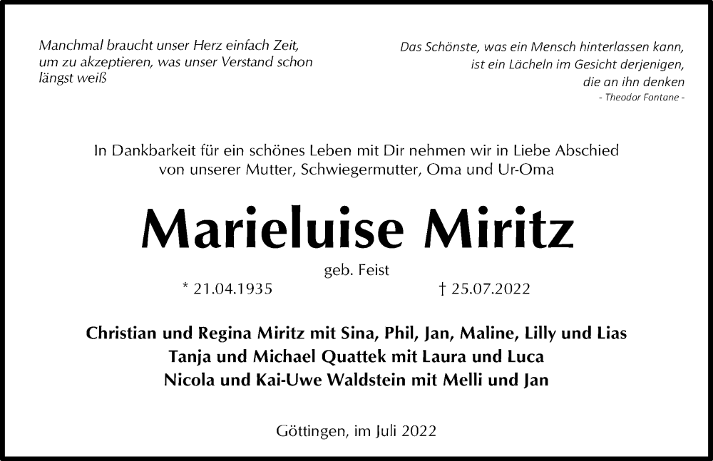  Traueranzeige für Marieluise Miritz vom 30.07.2022 aus Göttinger Tageblatt