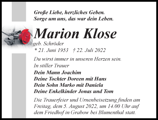 Traueranzeige von Marion Klose von Märkischen Allgemeine Zeitung