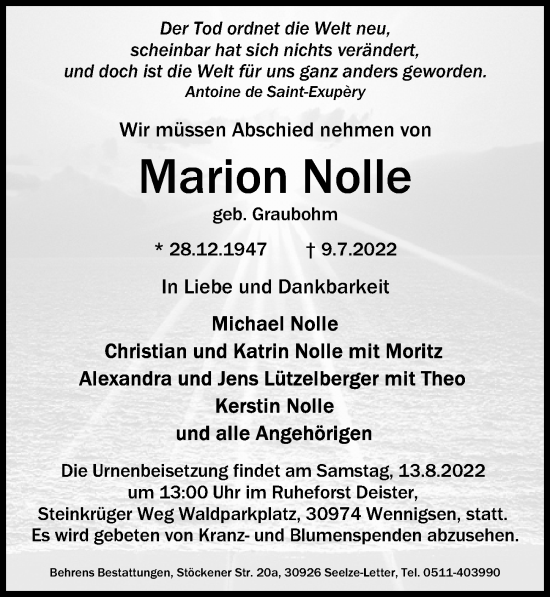 Traueranzeige von Marion Nolle von Hannoversche Allgemeine Zeitung/Neue Presse