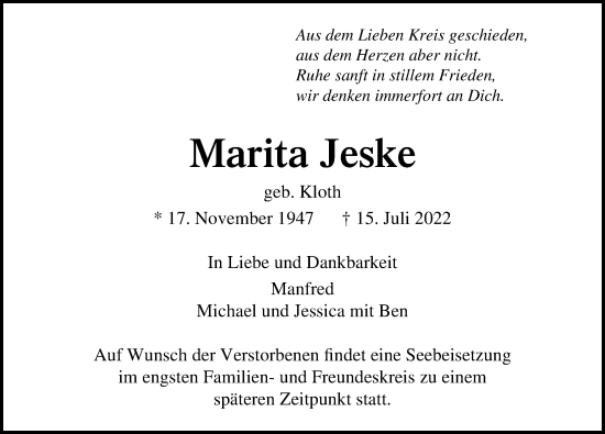 Traueranzeige von Marita Jeske von Lübecker Nachrichten