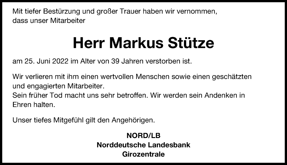  Traueranzeige für Markus Stütze vom 06.07.2022 aus Hannoversche Allgemeine Zeitung/Neue Presse