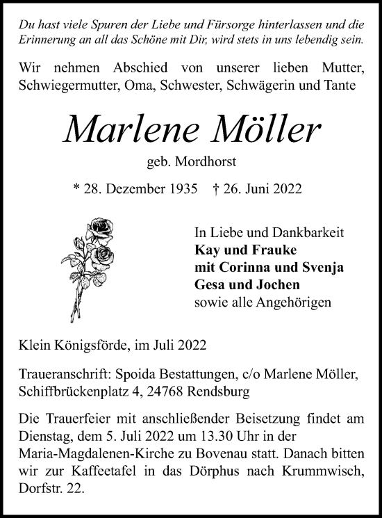 Traueranzeige von Marlene Möller von Kieler Nachrichten