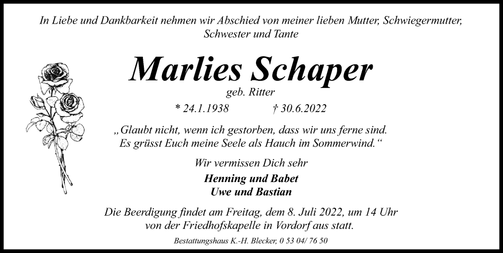  Traueranzeige für Marlies Schaper vom 05.07.2022 aus Aller Zeitung