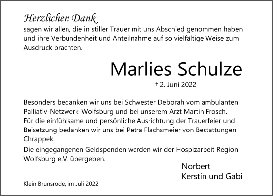 Traueranzeige von Marlies Schulze von Aller Zeitung