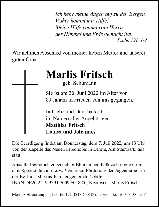 Traueranzeige von Marlis Fritsch von Hannoversche Allgemeine Zeitung/Neue Presse