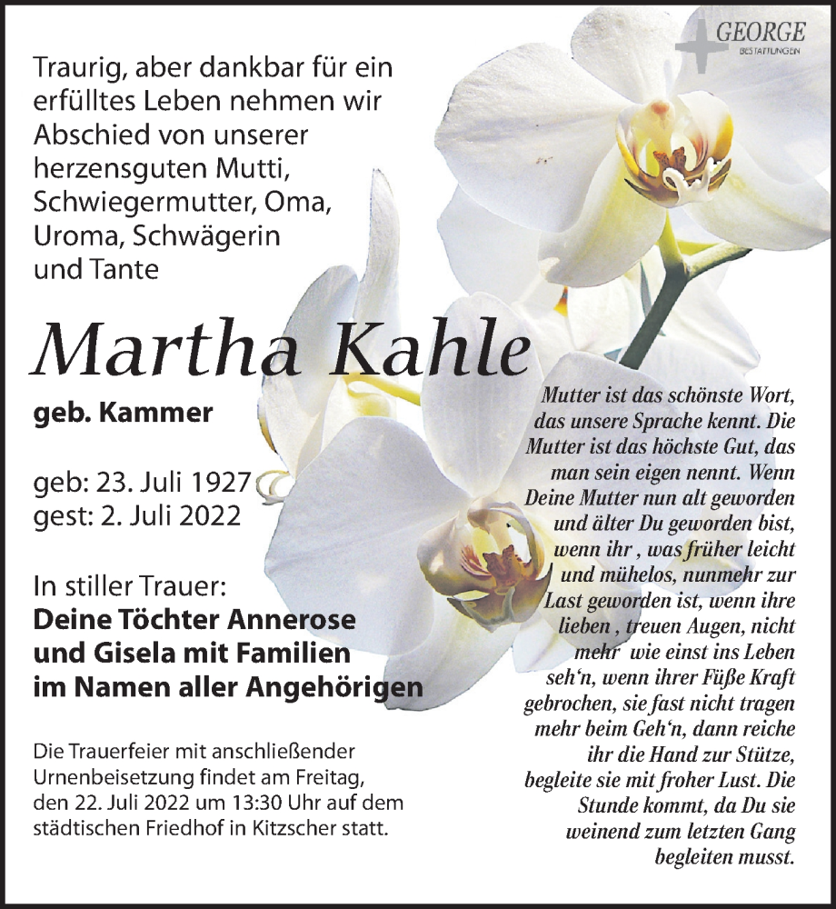  Traueranzeige für Martha Kahle vom 09.07.2022 aus Leipziger Volkszeitung