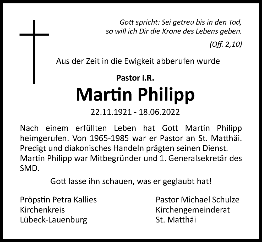  Traueranzeige für Martin Philipp vom 17.07.2022 aus Lübecker Nachrichten