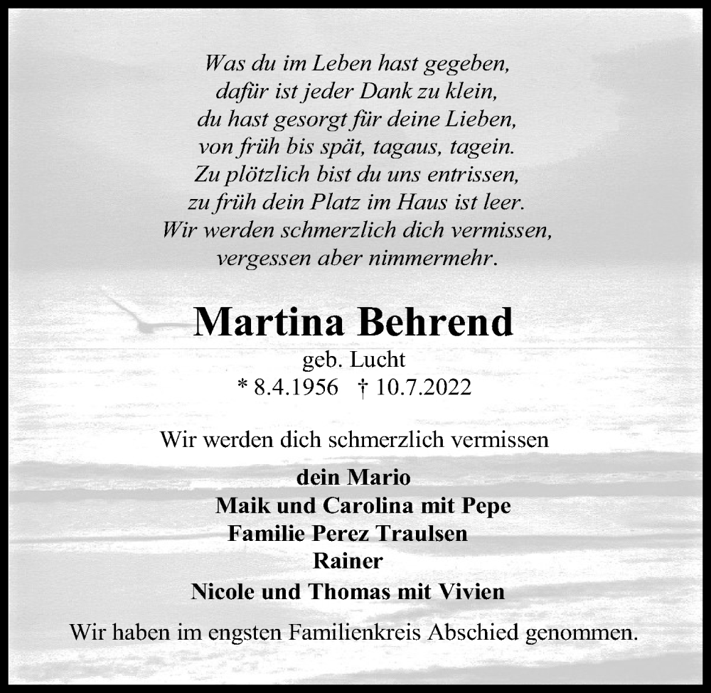  Traueranzeige für Martina Behrend vom 30.07.2022 aus Kieler Nachrichten