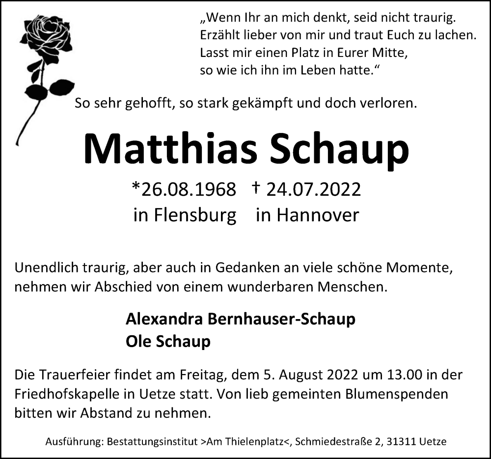  Traueranzeige für Matthias Schaup vom 30.07.2022 aus Peiner Allgemeine Zeitung