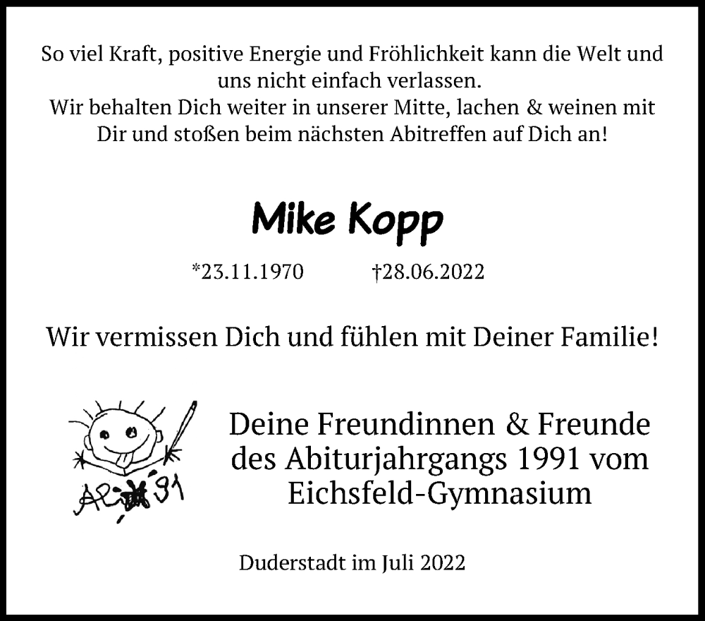  Traueranzeige für Mike Kopp vom 09.07.2022 aus Göttinger Tageblatt