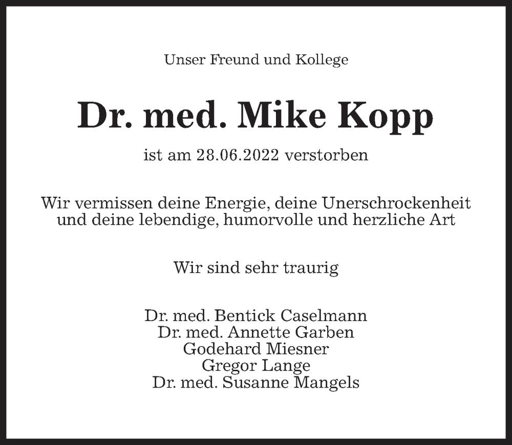  Traueranzeige für Mike Kopp vom 16.07.2022 aus Göttinger Tageblatt