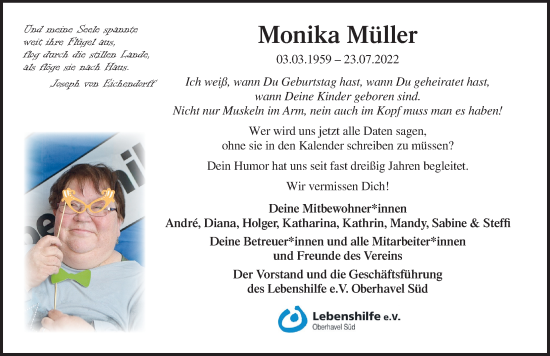 Traueranzeige von Monika Müller von Märkischen Allgemeine Zeitung