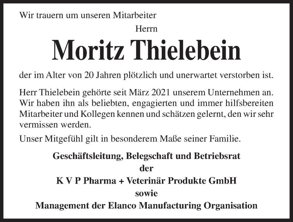  Traueranzeige für Moritz Thielebein vom 23.07.2022 aus Kieler Nachrichten