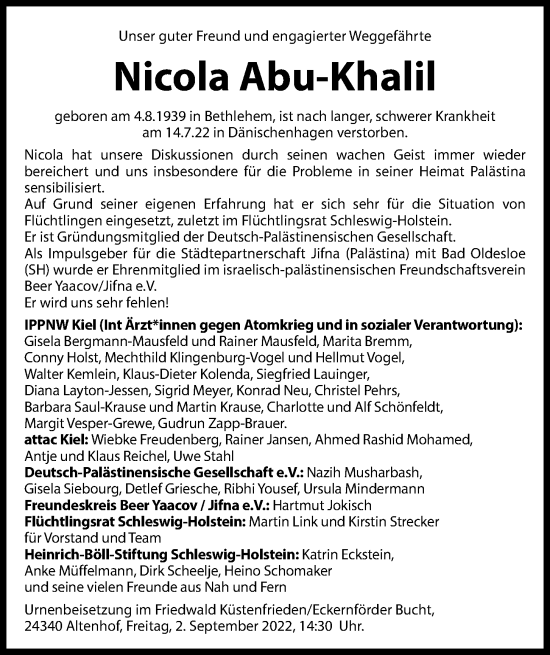 Traueranzeige von Nicola Abu-Khalil von Kieler Nachrichten