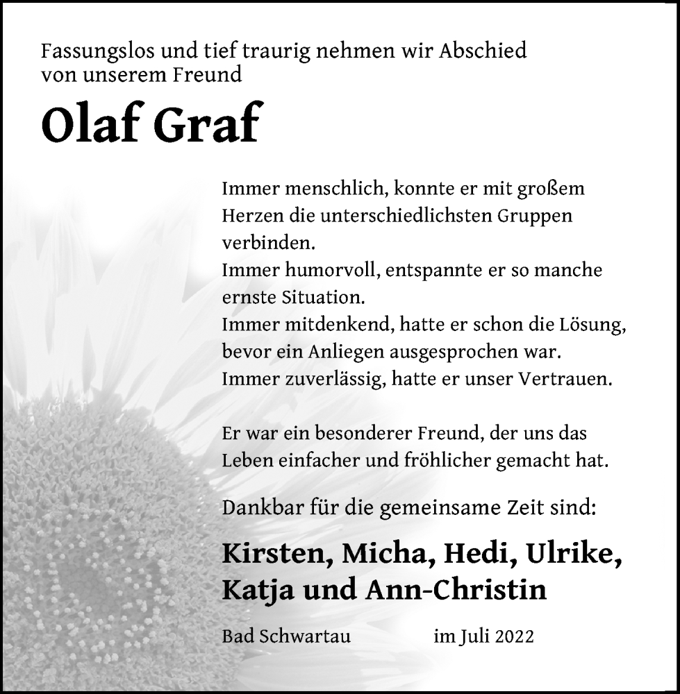  Traueranzeige für Olaf Graf vom 31.07.2022 aus Lübecker Nachrichten