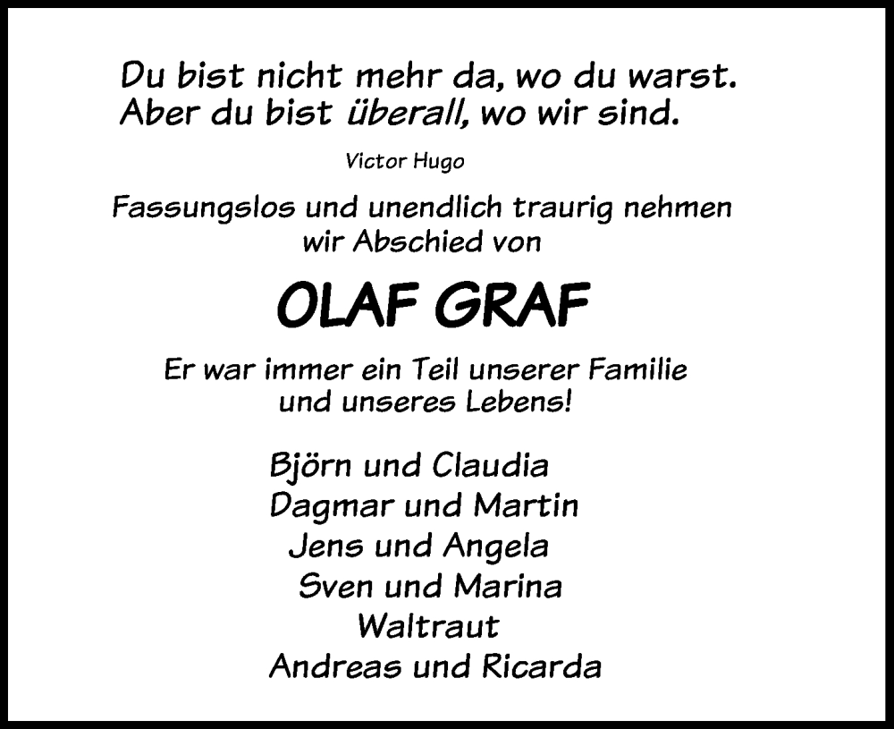  Traueranzeige für Olaf Graf vom 31.07.2022 aus Lübecker Nachrichten
