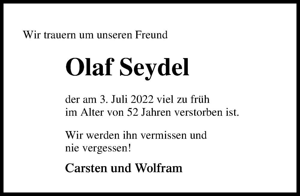  Traueranzeige für Olaf Seydel vom 17.07.2022 aus Lübecker Nachrichten