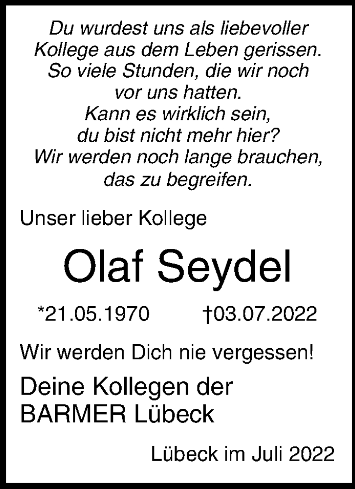  Traueranzeige für Olaf Seydel vom 10.07.2022 aus Lübecker Nachrichten