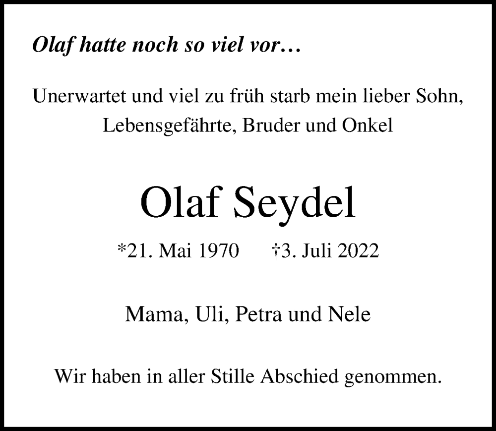  Traueranzeige für Olaf Seydel vom 10.07.2022 aus Lübecker Nachrichten