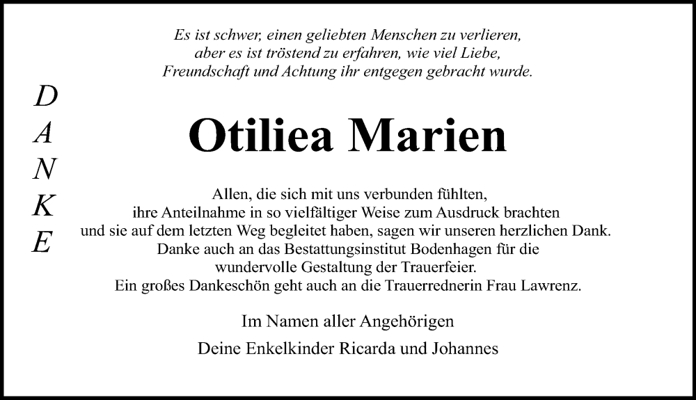  Traueranzeige für Otiliea Marien vom 23.07.2022 aus Ostsee-Zeitung GmbH