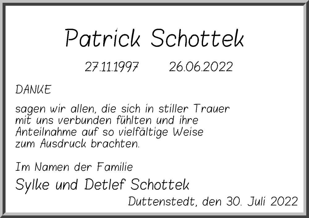  Traueranzeige für Patrick Schottek vom 30.07.2022 aus Peiner Allgemeine Zeitung