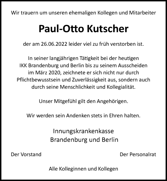 Traueranzeige von Paul-Otto Kutscher von Märkischen Allgemeine Zeitung